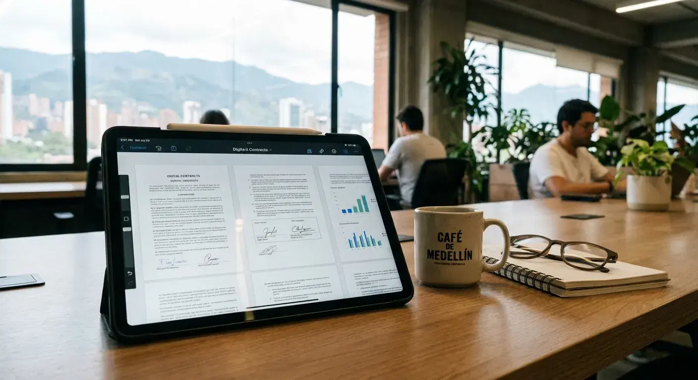 Inversionistas revisando contratos digitales de inversión fraccionada en tablet