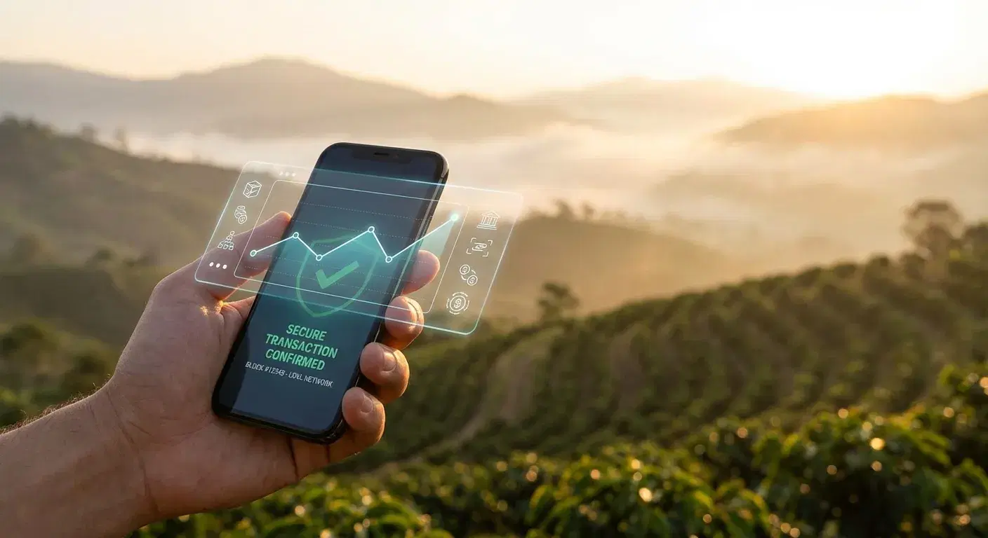 Celular mostrando transacciones sobre paisaje colombiano