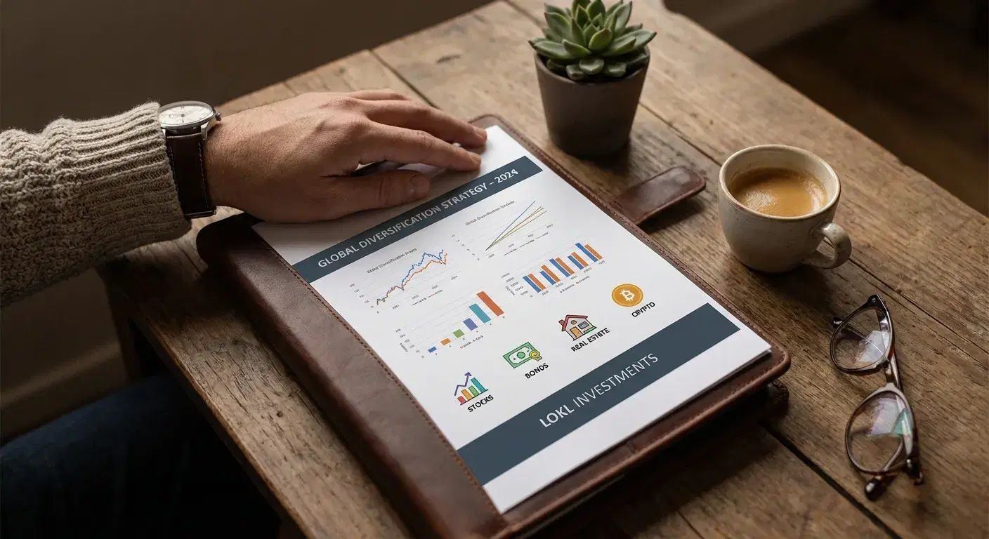 Inversor organizando portafolio en mesa de madera con iluminación cálida