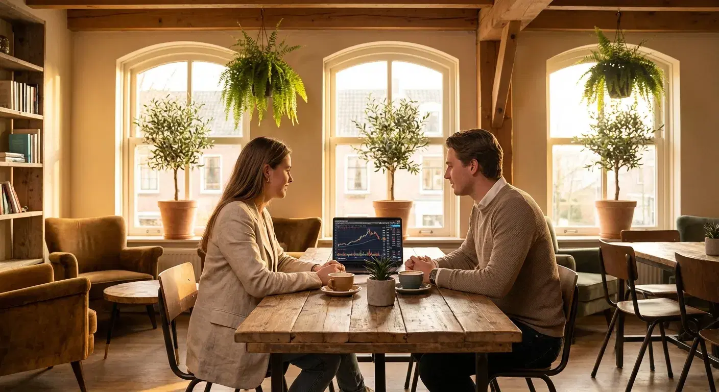 Dos jóvenes profesionales discutiendo finanzas amigablemente en un espacio de coworking estético