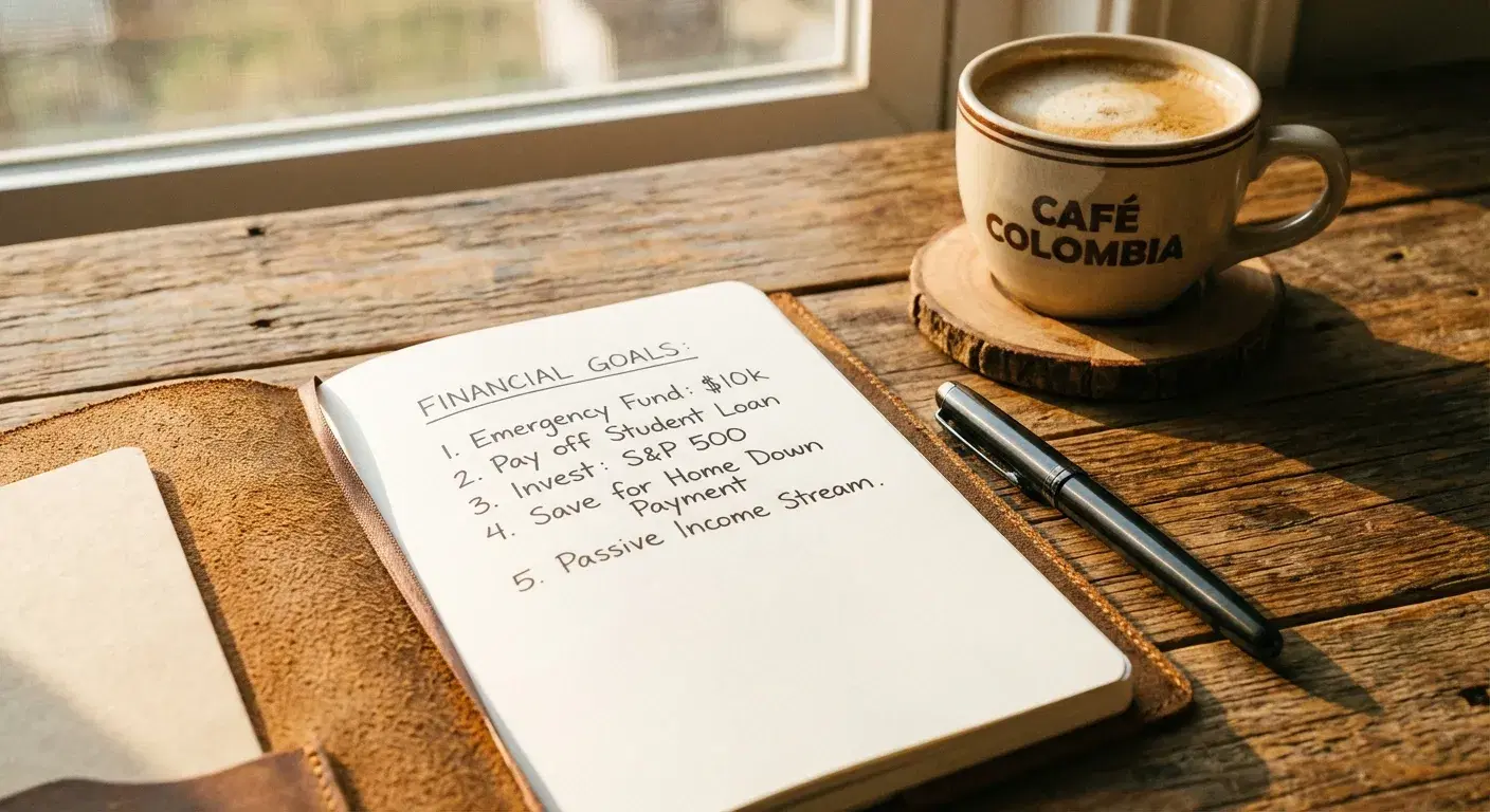 Cuaderno abierto con metas financieras y un bolígrafo elegante junto a un café en mesa de madera rústica