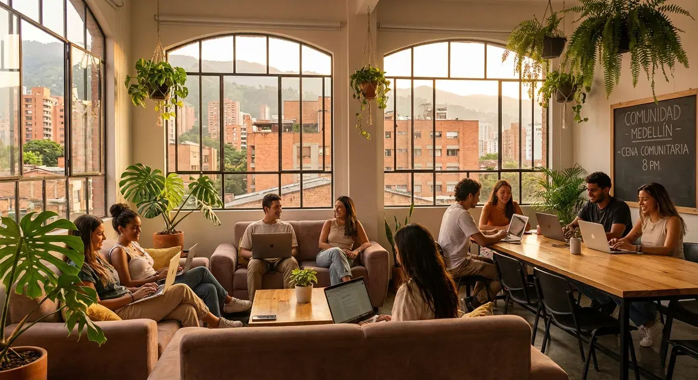Espacio de coliving estético en Medellín lleno de nómadas digitales trabajando
