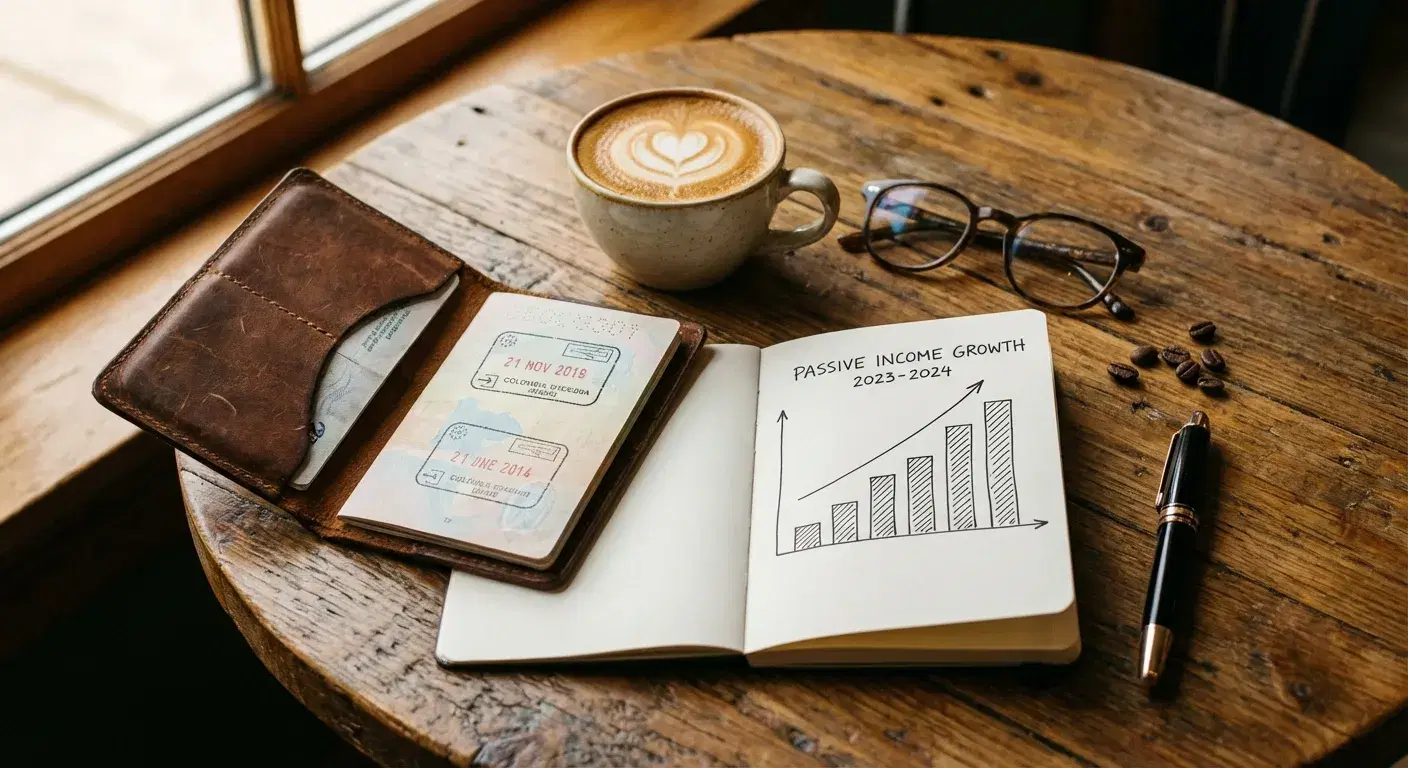 Pasaporte, café colombiano y cuaderno minimalista mostrando gráficas financieras