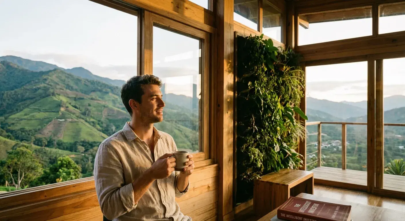 Joven inversionista tranquilo tomando café frente a un ventanal viendo las montañas de Antioquia