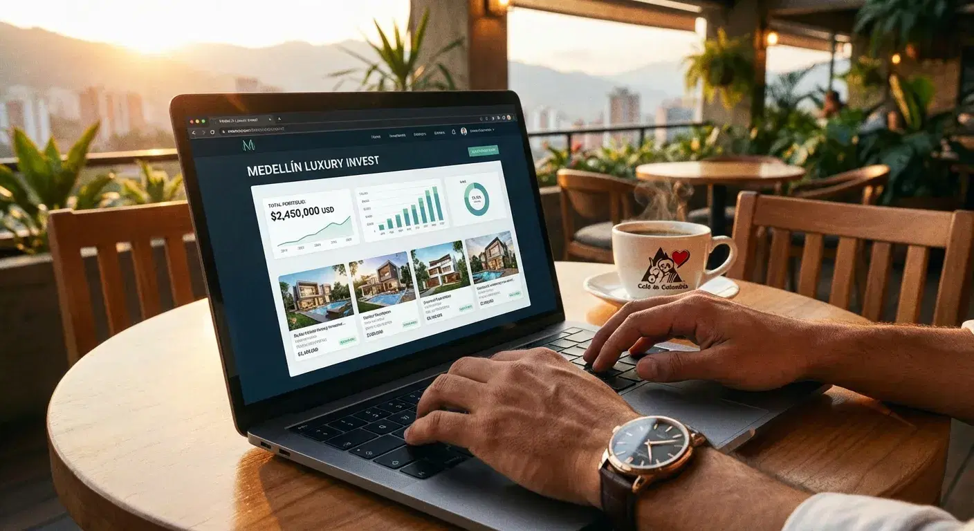 Persona analizando un dashboard de inversión inmobiliaria en un laptop