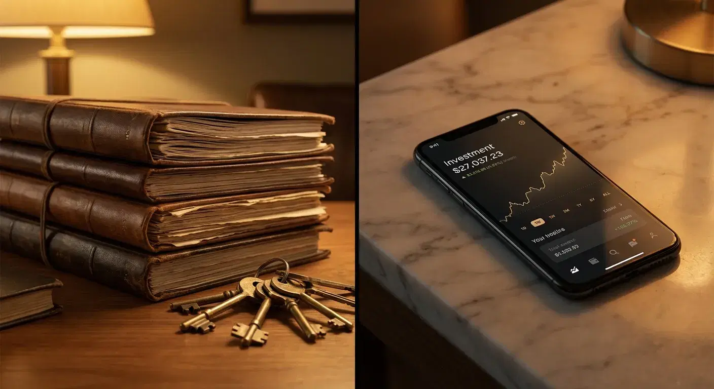 Contraste visual entre una pila de papeleo notarial y una inversión en smartphone