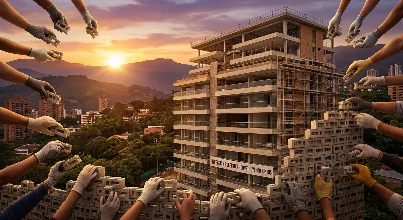 Manos uniendo bloques para formar un edificio de lujo