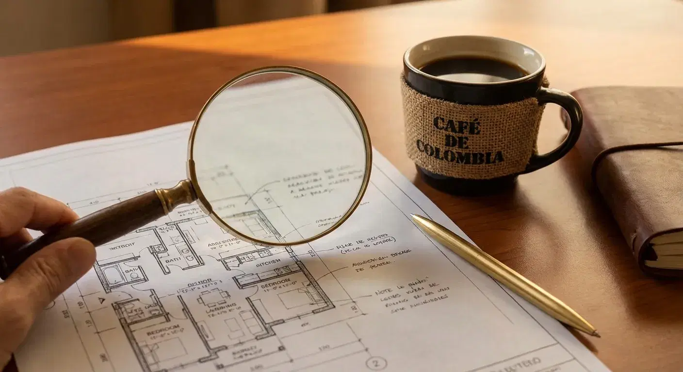 Lupa inspeccionando un contrato y planos arquitectónicos sobre una mesa con café