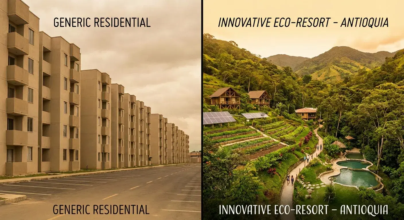 Contraste entre un bloque de apartamentos aburrido y un eco-hotel exuberante en las montañas