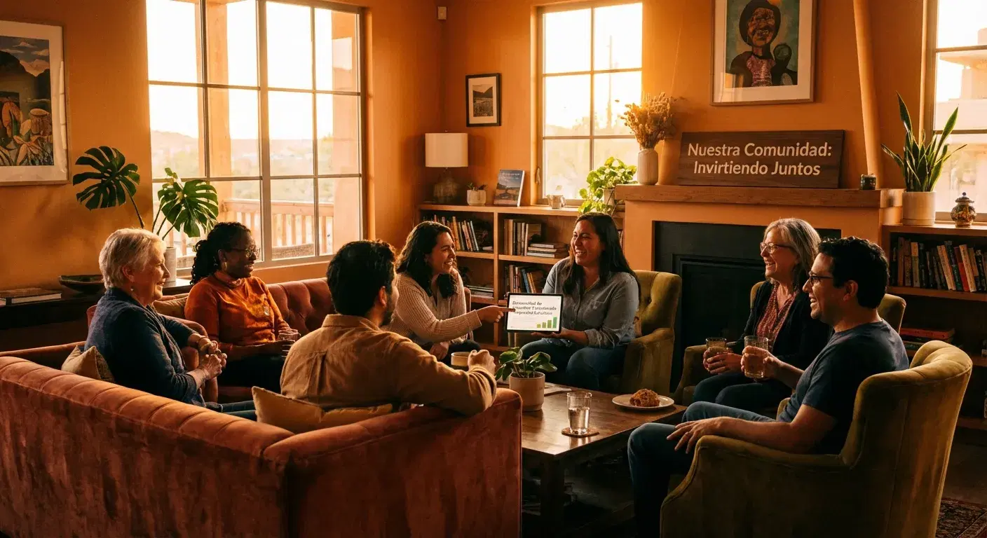 Grupo de personas diversas conversando alegremente en el lobby de un proyecto hotelero fraccionado