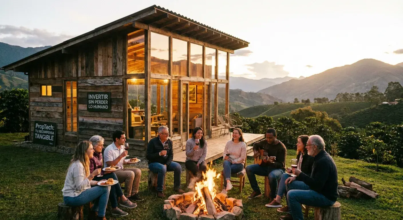 Amigos conversando relajadamente alrededor de una fogata cerca a una cabaña en Colombia