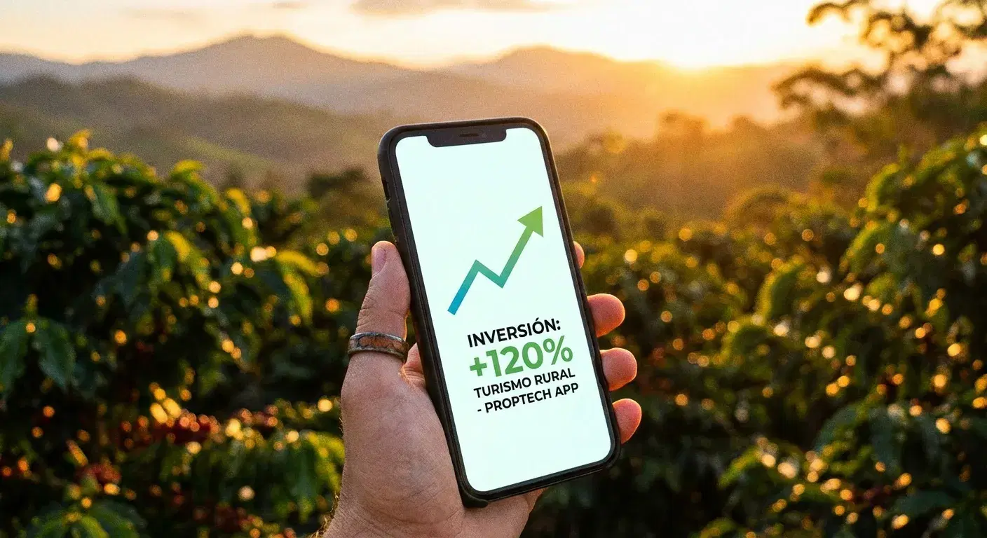 Persona invirtiendo en turismo rural desde su celular con un cafetal desenfocado detrás