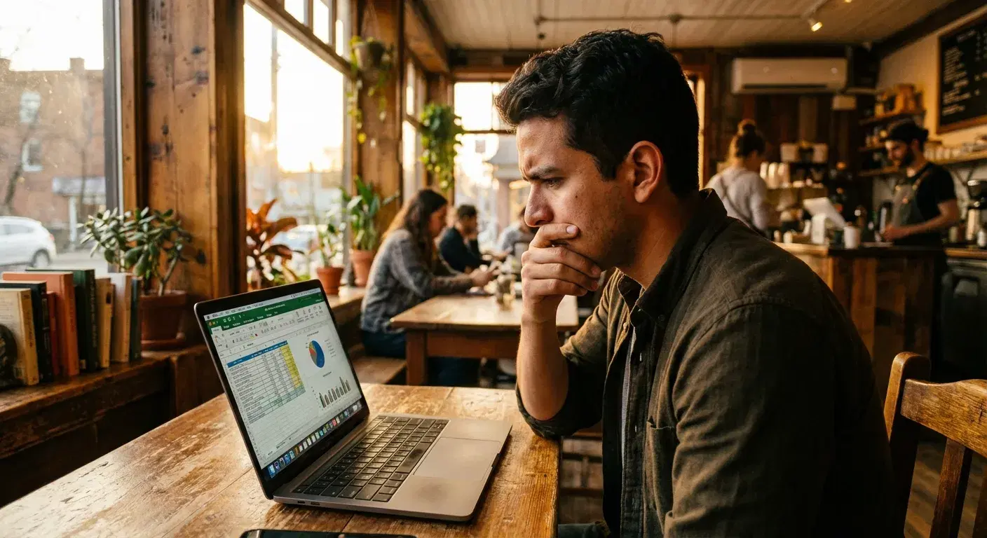 Joven colombiano mirando su laptop preocupado en un café