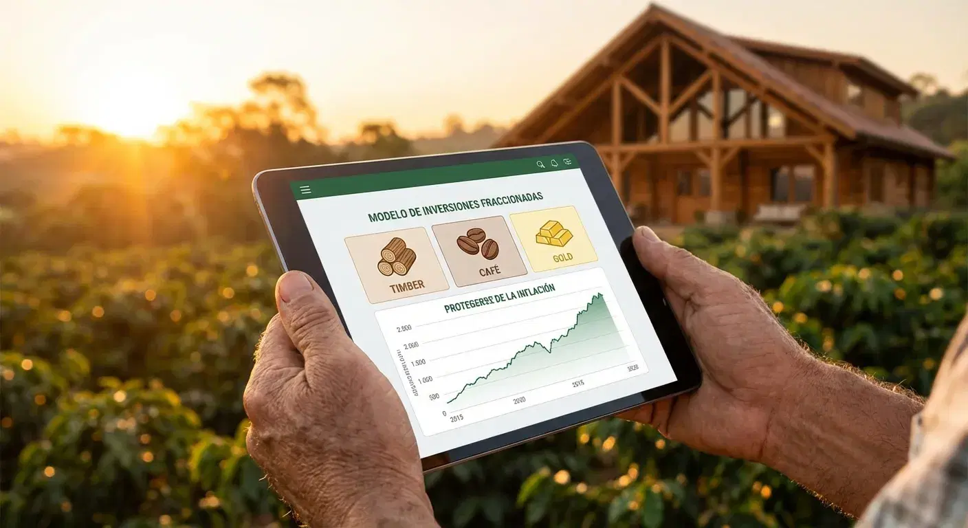 Manos sosteniendo tablet con gráfica fraccionada y edificio de madera al fondo