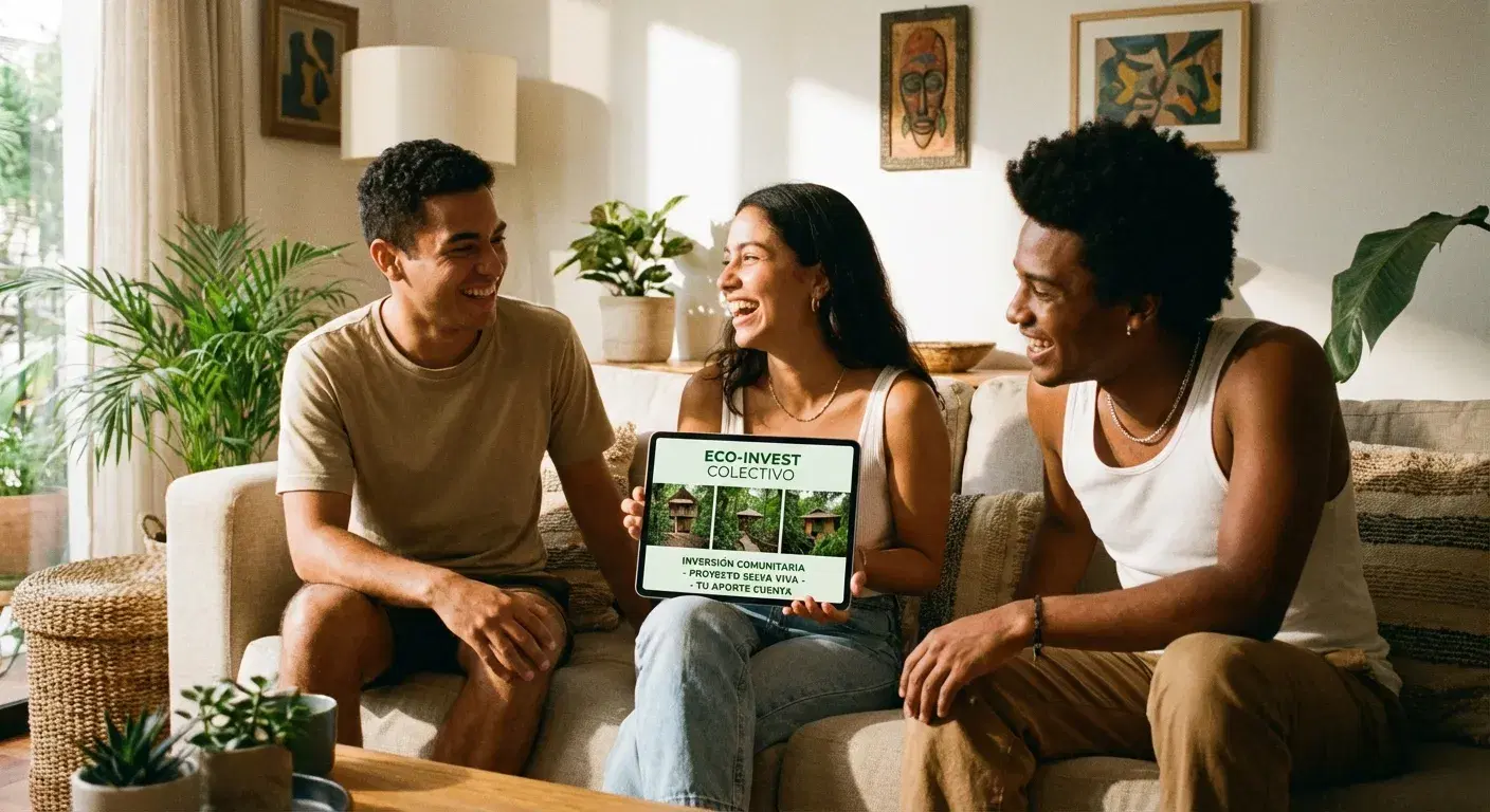 Jóvenes amigos conversando alegremente y analizando inversiones comunitarias en una tablet