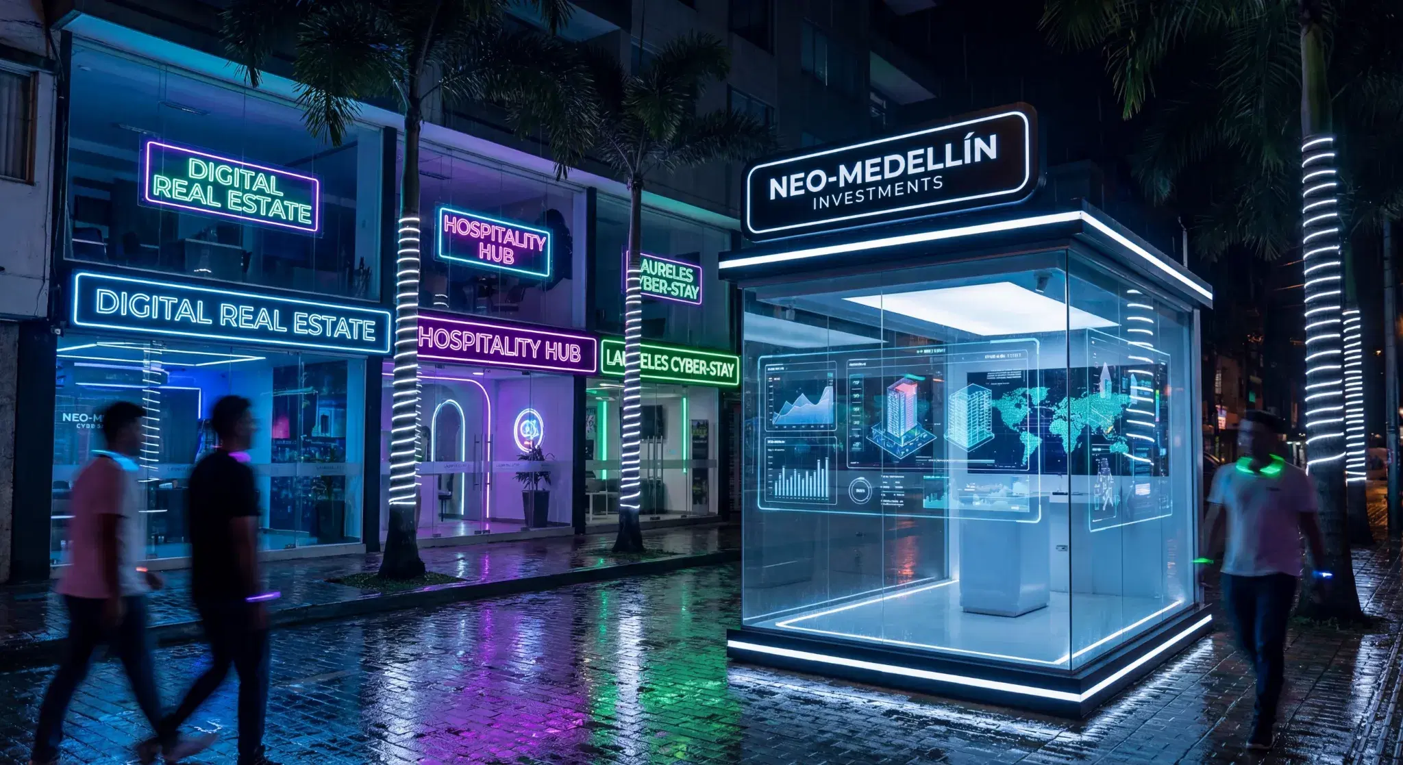 Futurista plataforma de inversión en Laureles, estilo cyberpunk neon