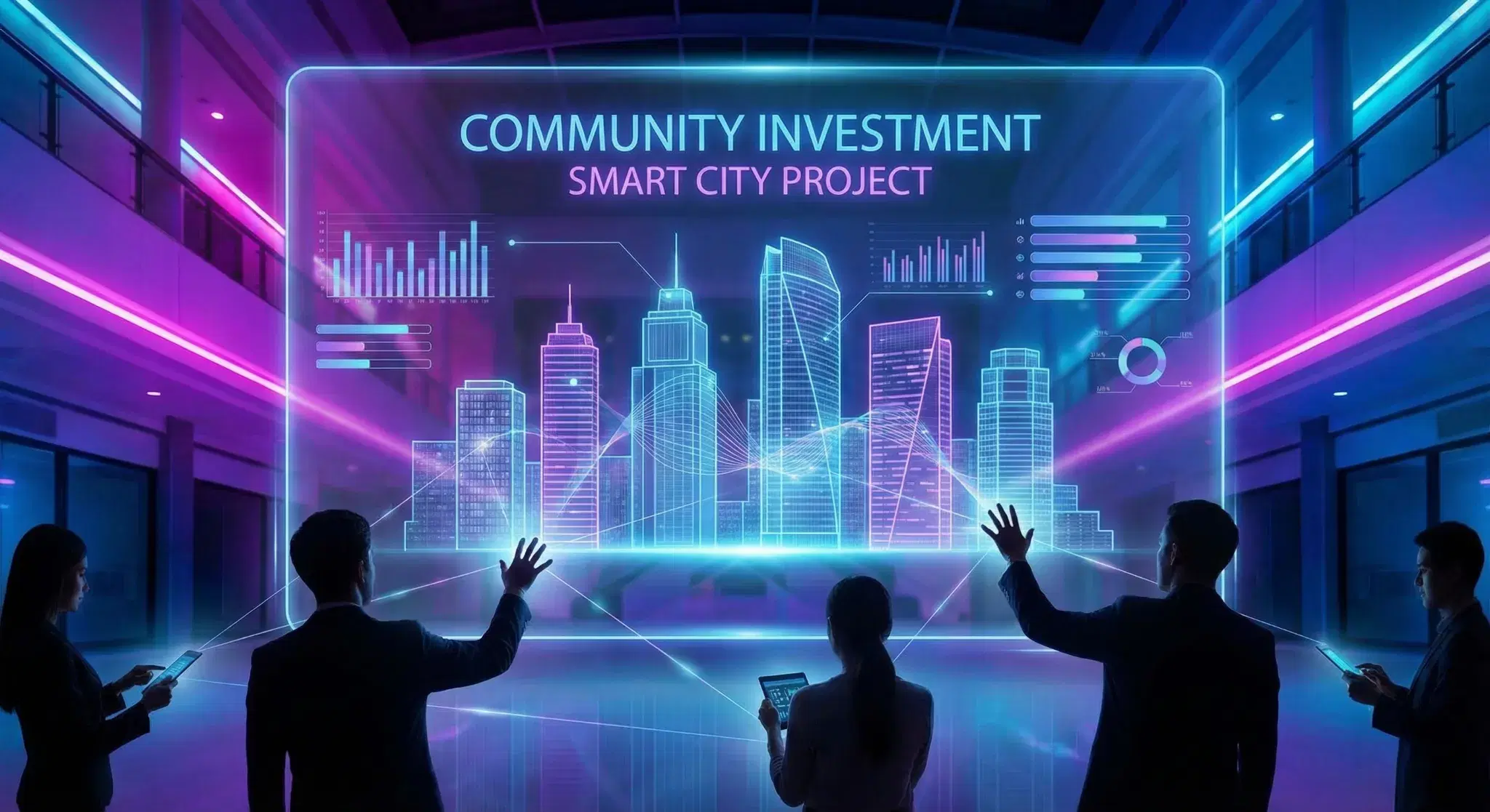 Interfaz digital de crowdfunding mostrando conexiones comunitarias y edificios holográficos