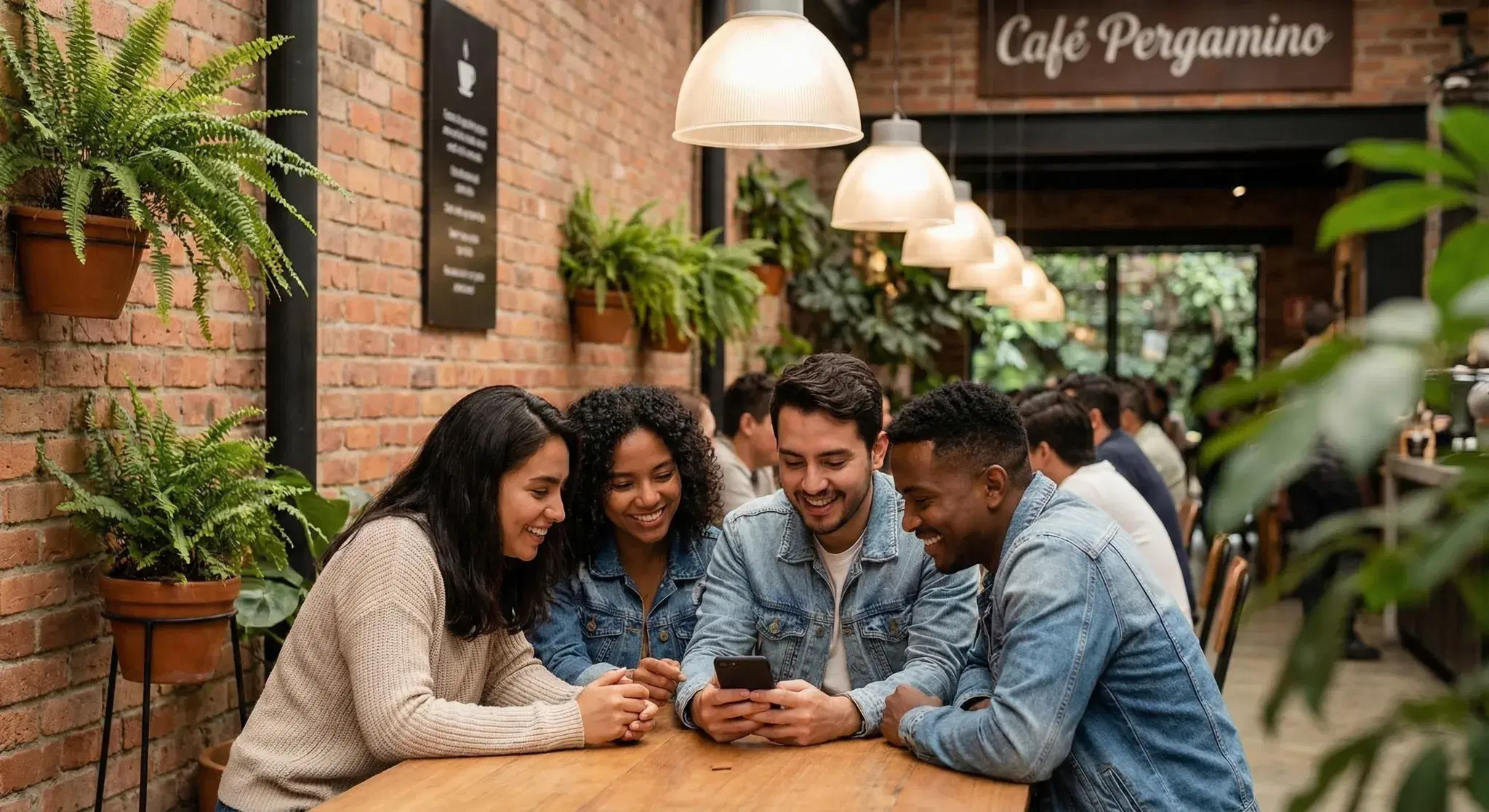 Grupo de amigos en café revisando app de inversión