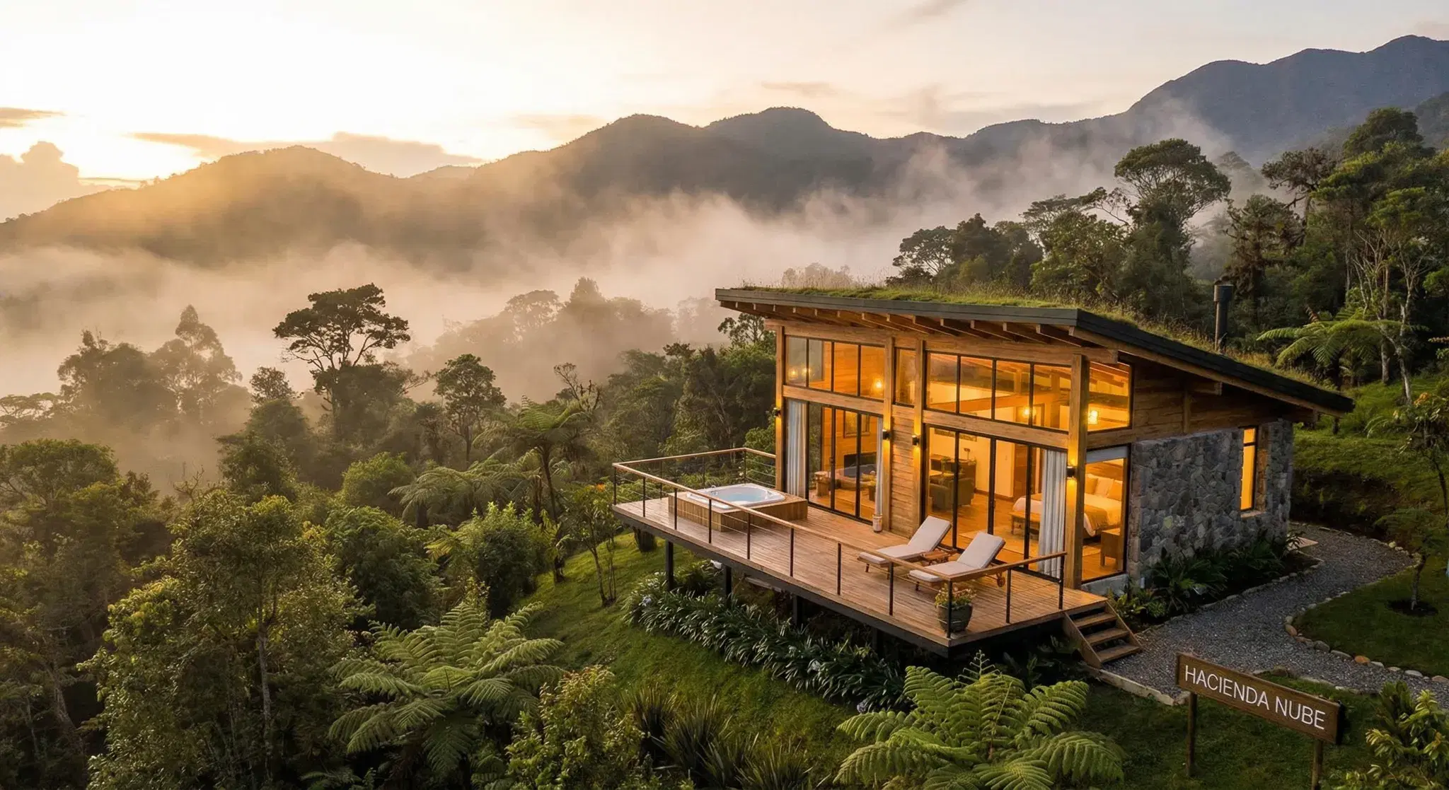 Cabaña moderna en los Andes colombianos al atardecer