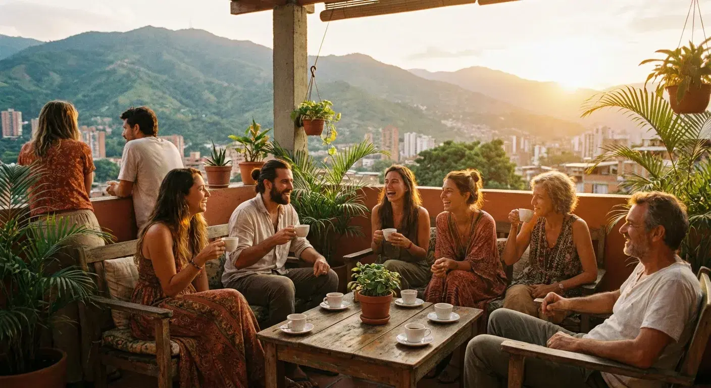 Panorámica de Medellín al atardecer (golden hour) mostrando edificios integrados en la montaña verde