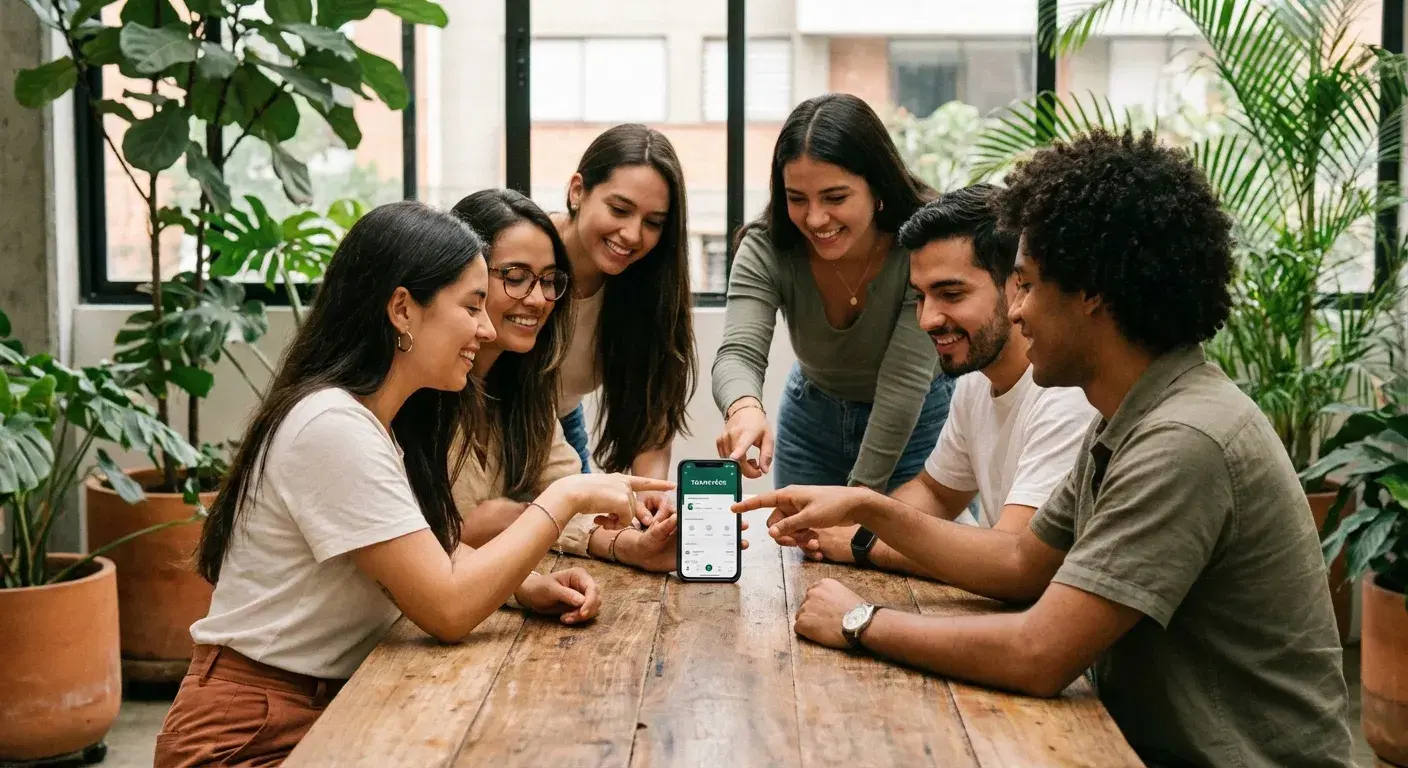 Jóvenes profesionales analizando inversiones en comunidad en una mesa rústica