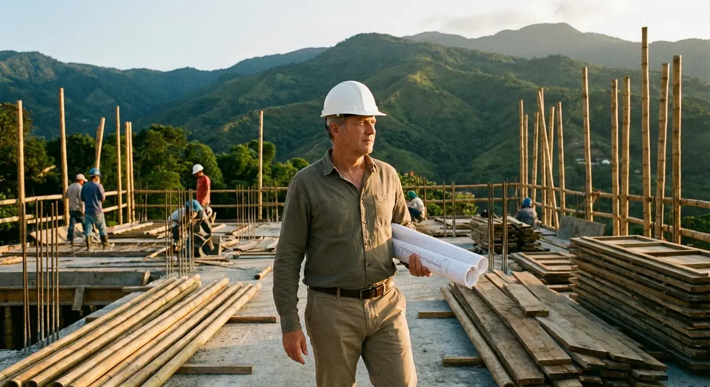Desarrollador inmobiliario revisando obra con planos