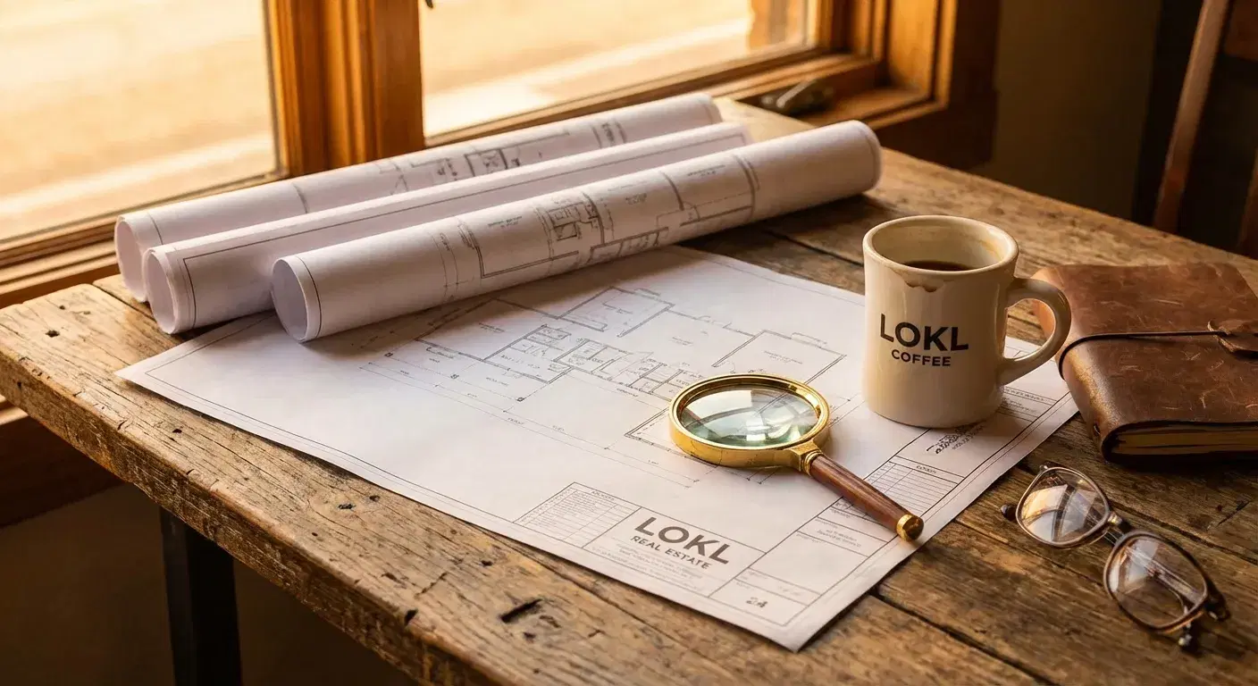 Planos arquitectónicos y lupa bajo luz dorada