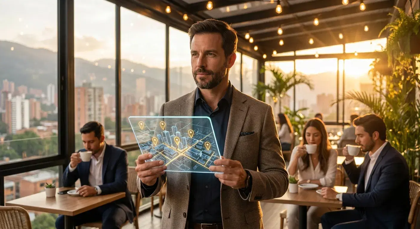 Inversionista colombiano evaluando proyectos en una tablet con un mapa interactivo brillante