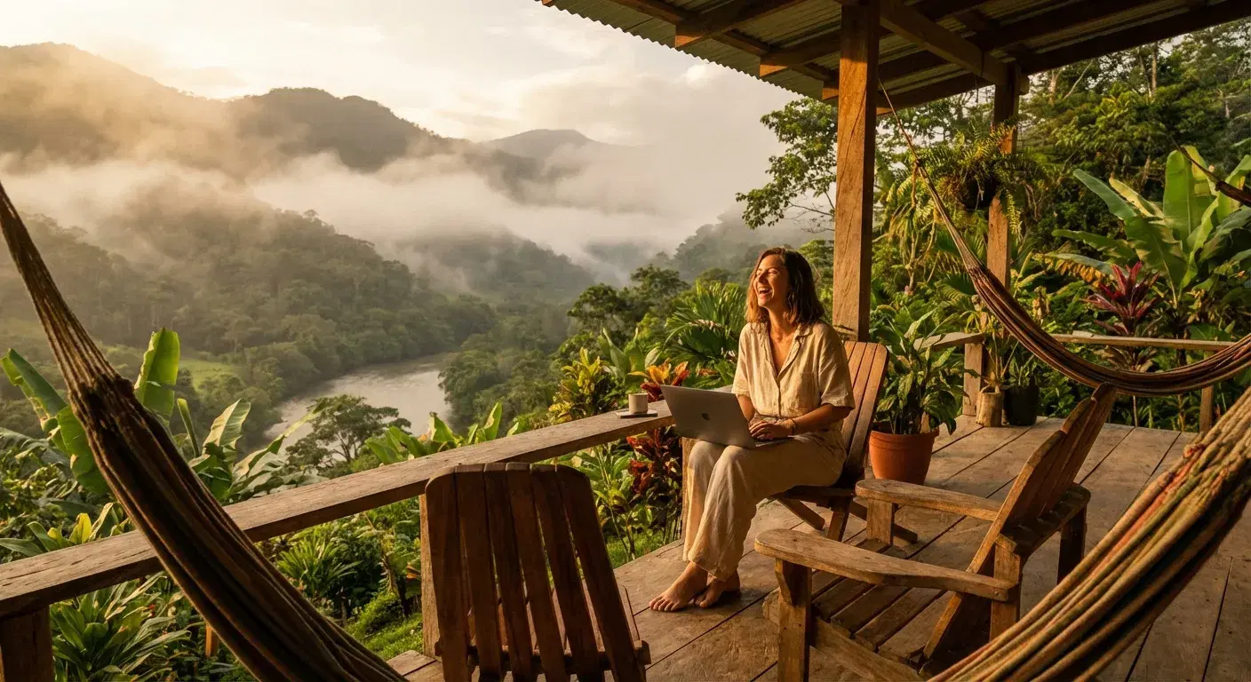 Nómada digital sonriente trabajando al atardecer en montañas colombianas