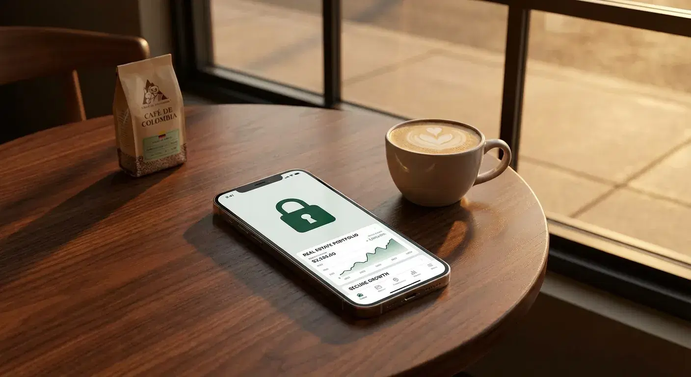 Smartphone con candado verde brillante mostrando un portafolio inmobiliario seguro