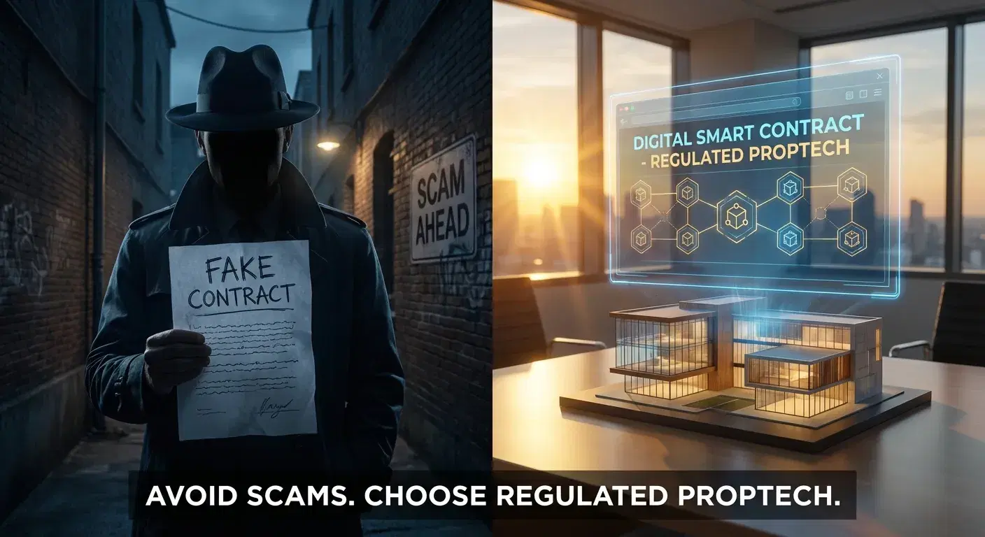Contraste visual: Un contrato sombrío falso vs Un contrato inteligente digital brillando sobre un edificio
