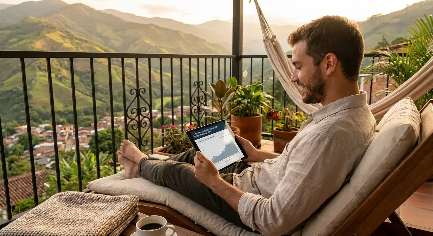 Joven inversor tranquilo leyendo una tablet en un balcón en las montañas de Antioquia