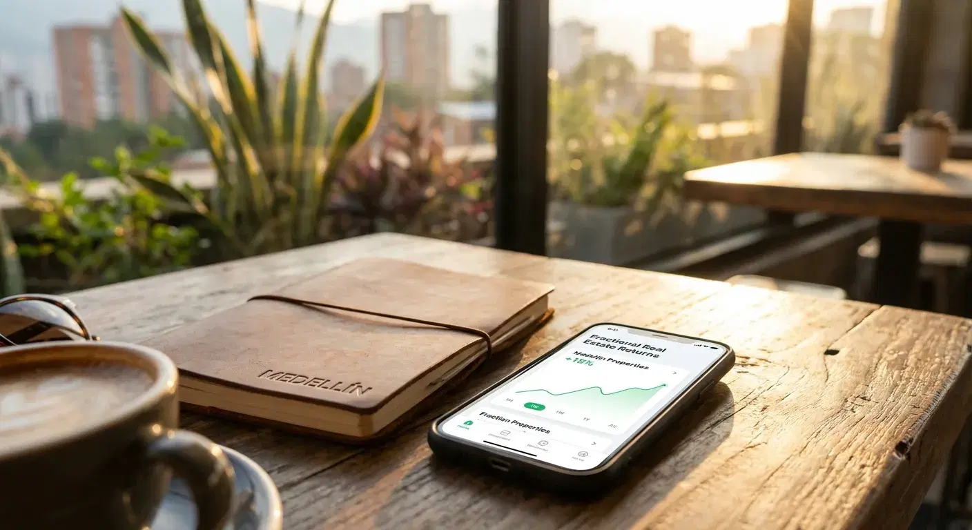 Smartphone mostrando gráficos de rentabilidad inmobiliaria sobre una mesa con café
