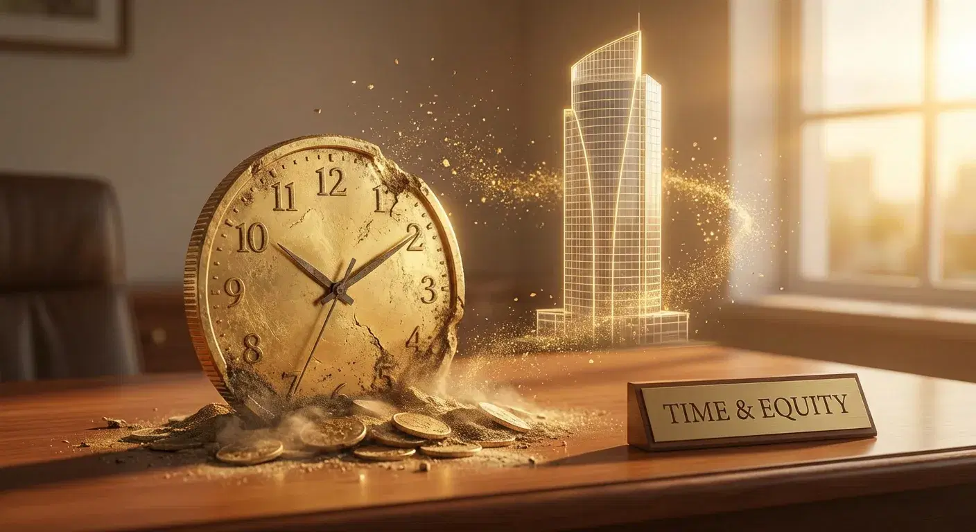 Metáfora visual: reloj hecho de una moneda de oro disolviéndose mientras un edificio moderno se construye