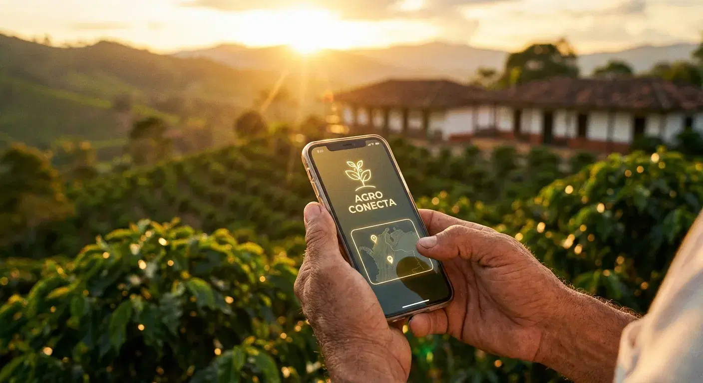 Persona sosteniendo celular con gráfica financiera y cafetal de fondo