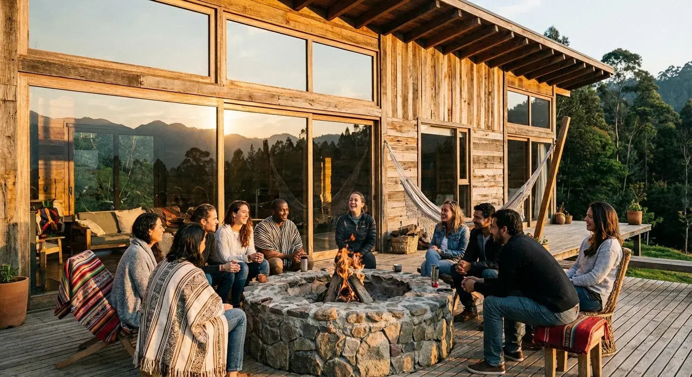 Grupo de personas conversando relajadamente alrededor de una fogata en arquitectura rural colombiana