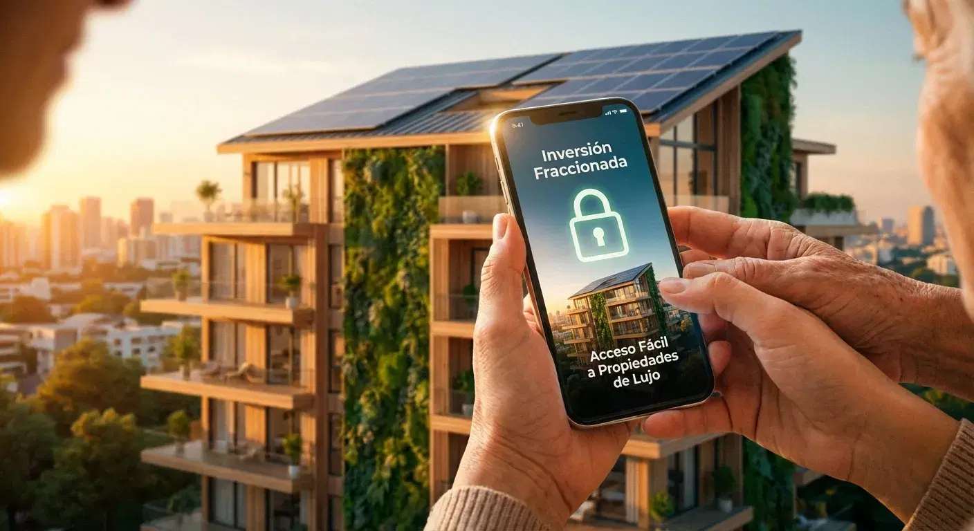 Manos sosteniendo celular mostrando gráficas de inversión con edificio moderno de fondo