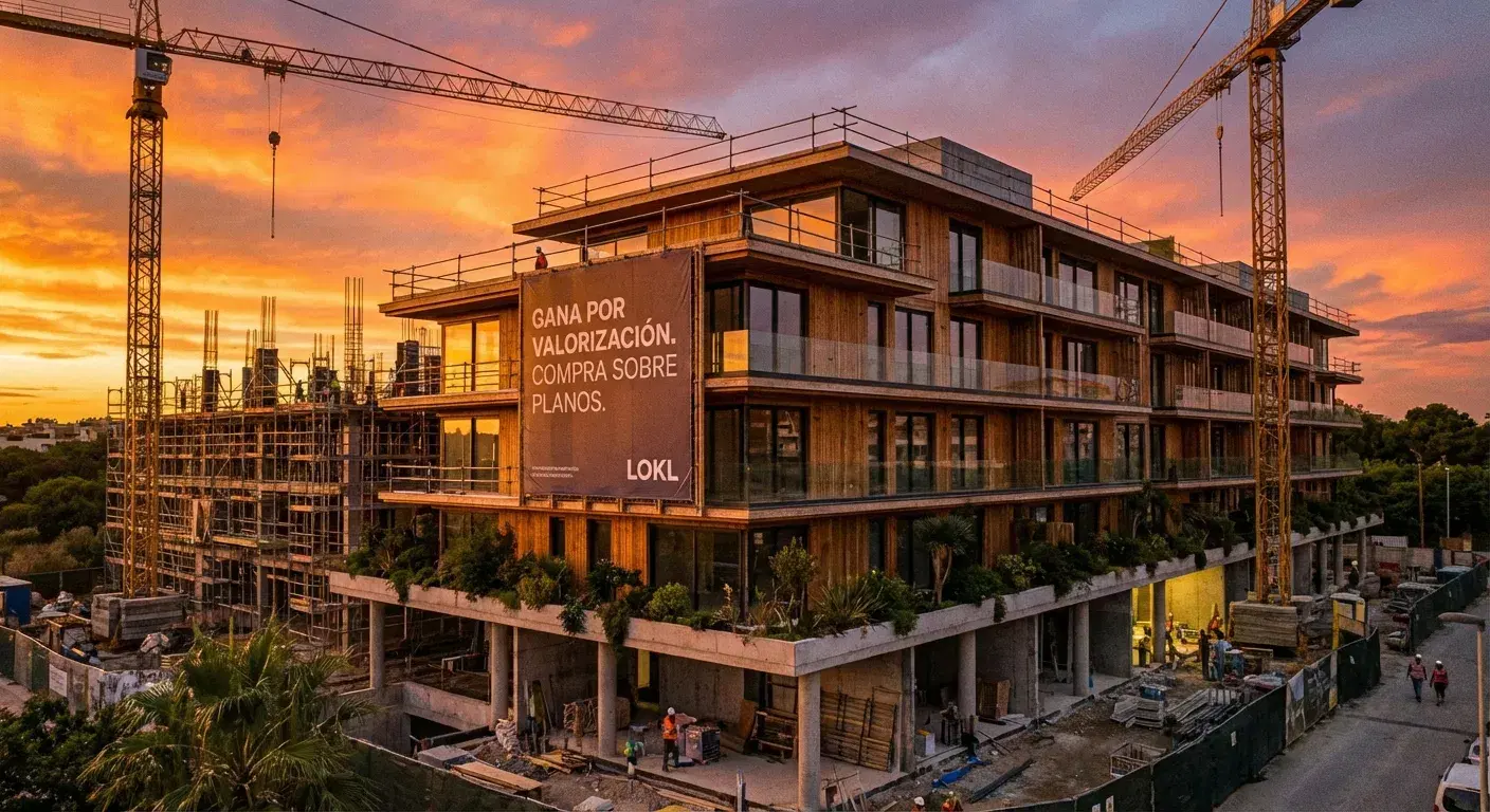 Edificio moderno en construcción al atardecer rodeado de grúas