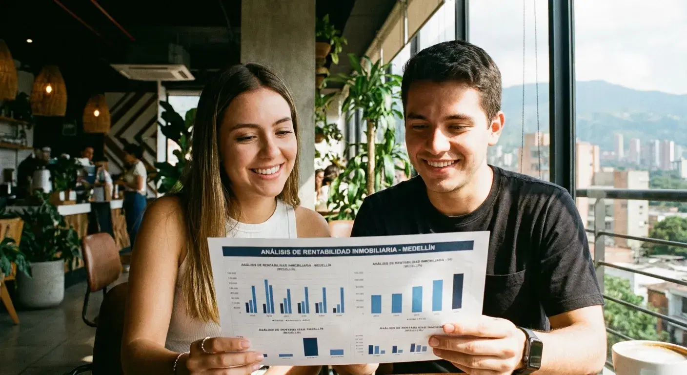 Inversionistas evaluando métricas financieras en una cafetería