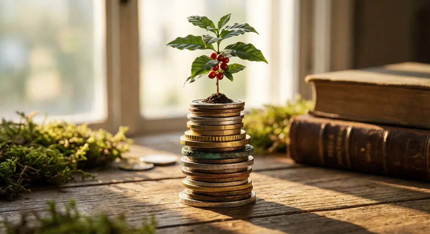 Planta de café creciendo sobre monedas