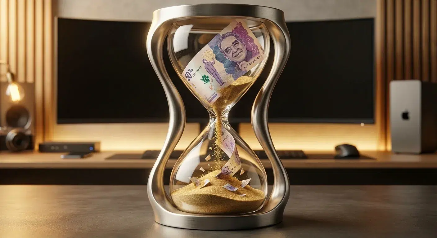 Reloj de arena moderno absorbiendo un billete, metáfora de la inflación devorando ahorros