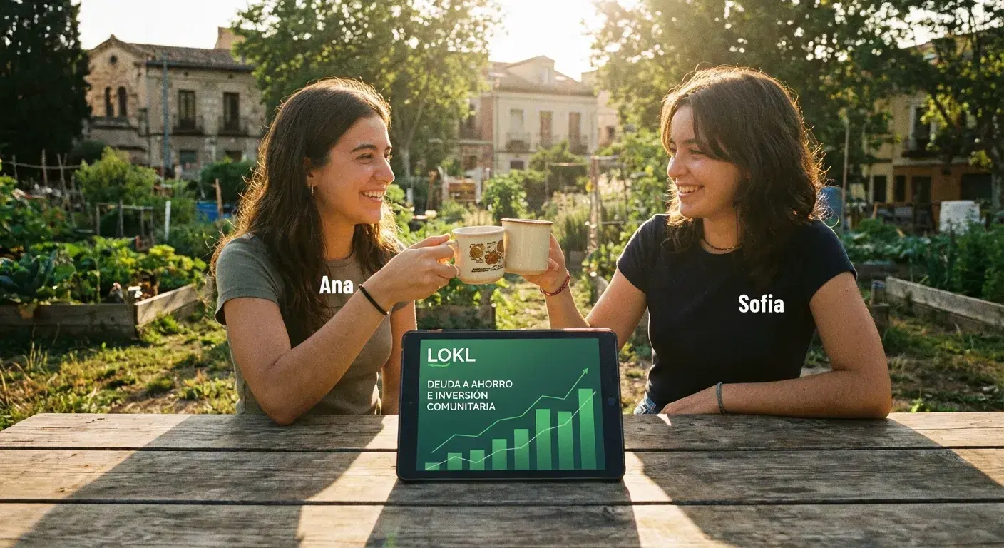 Dos jóvenes felices brindando con café tras analizar su portafolio en una tablet de LOKL