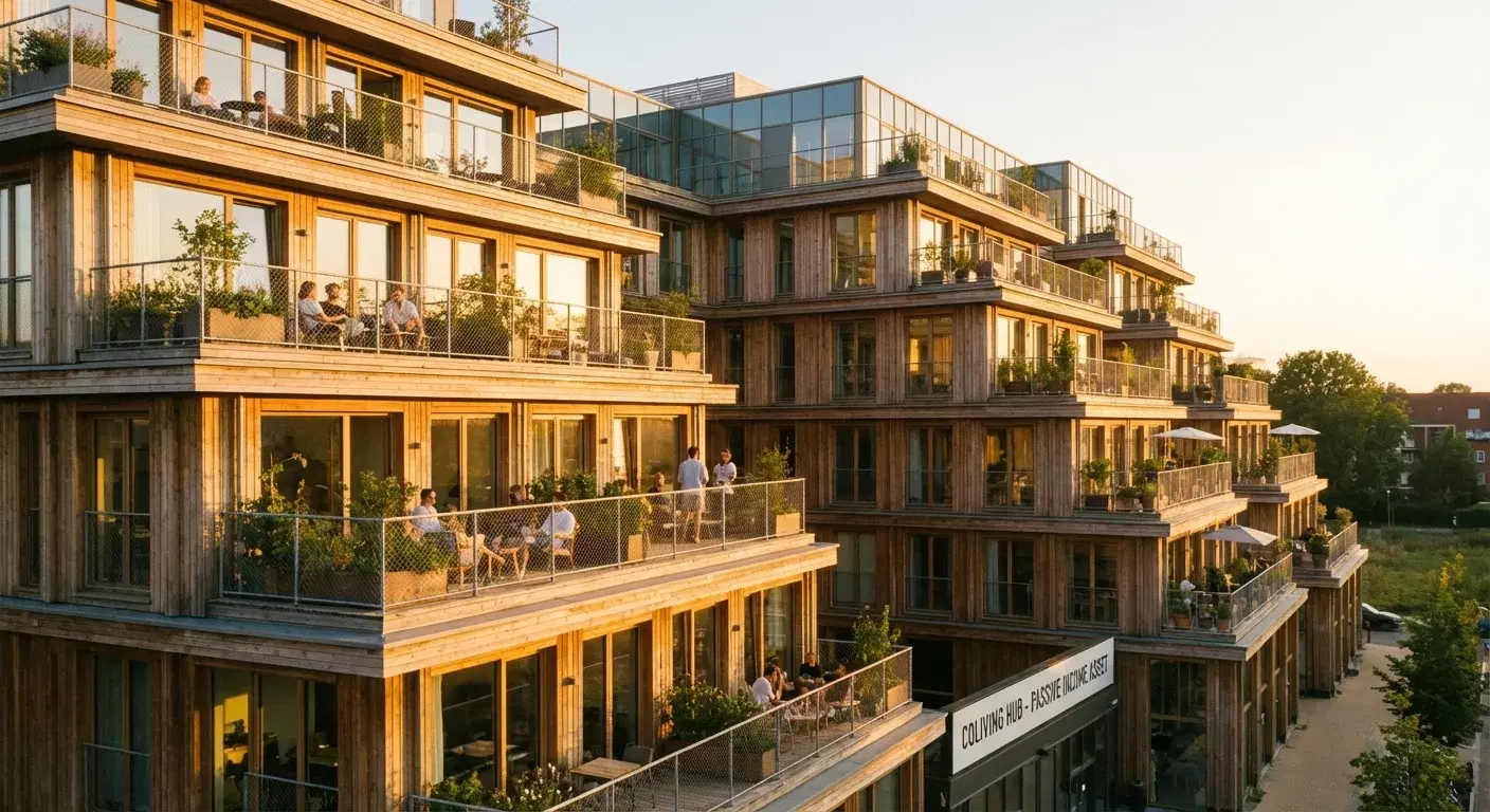 Edificio de coliving moderno con terrazas iluminadas al atardecer