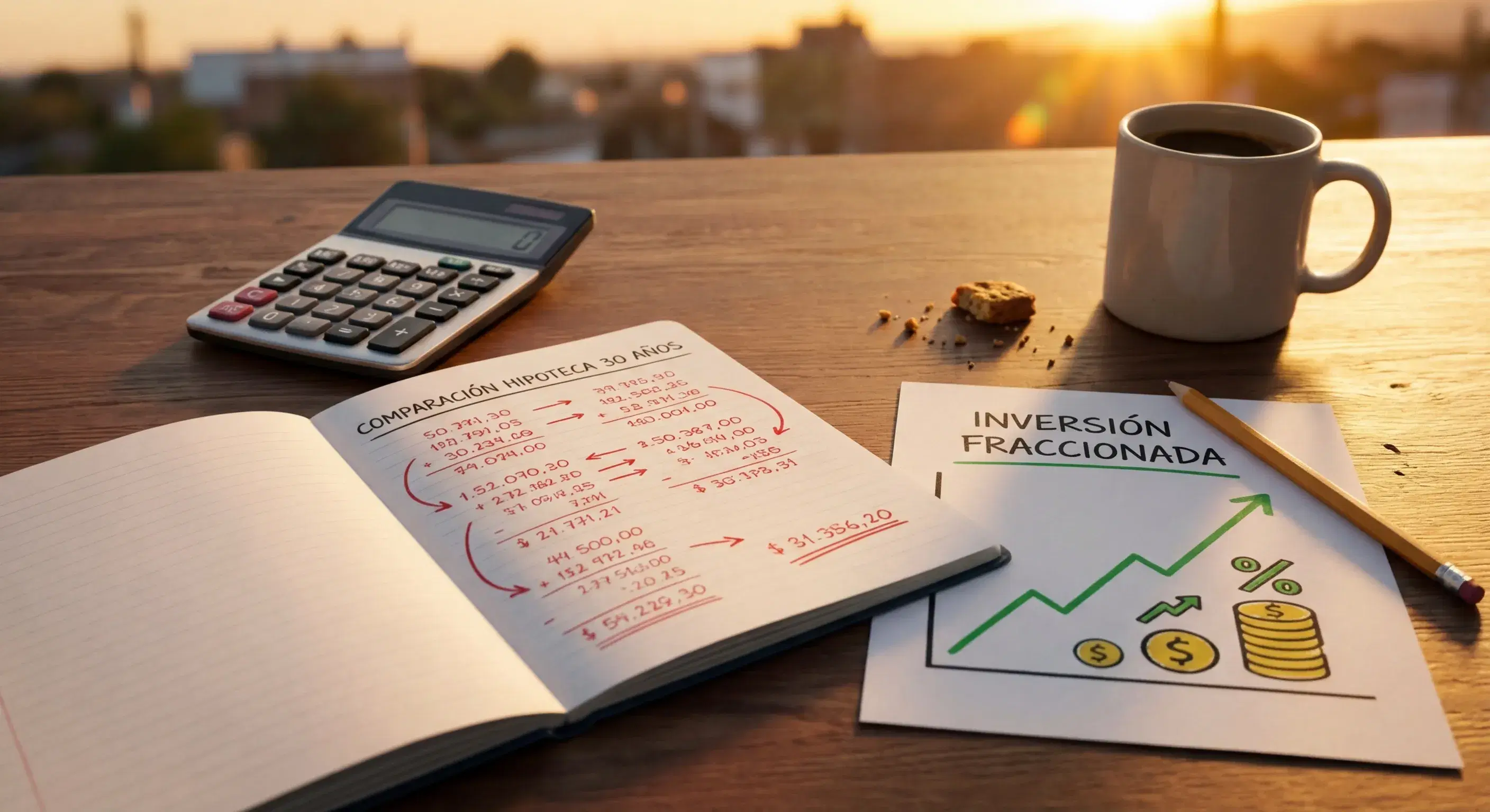 Comparación en libreta de una hipoteca a 30 años en rojo vs un gráfico de inversión en verde