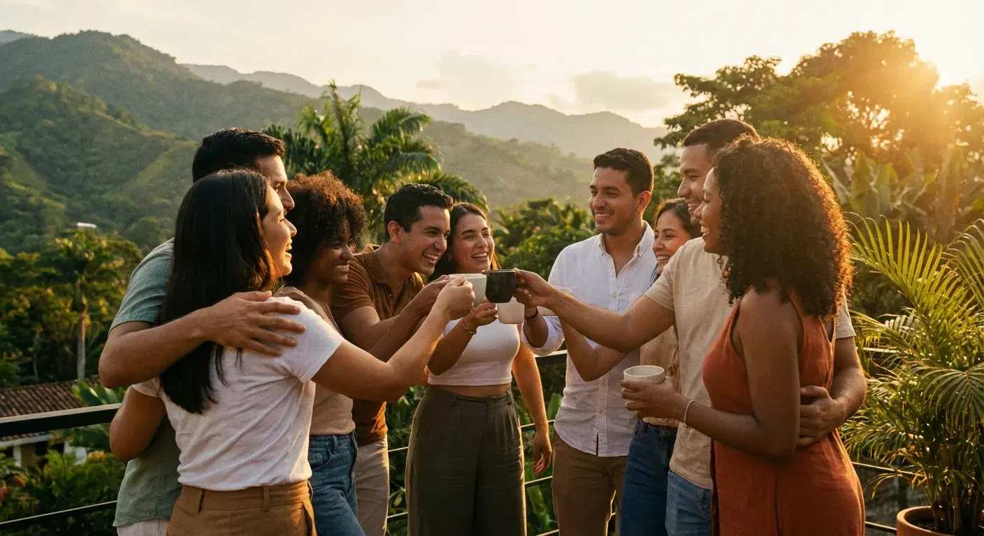 Jóvenes profesionales colombianos en una terraza conectando en comunidad