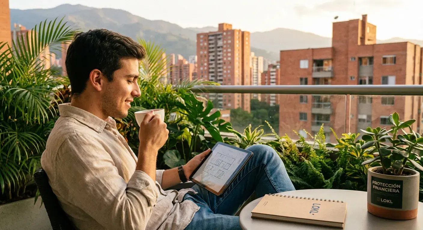 Joven tranquilo y protegido financieramente frente al horizonte de la ciudad