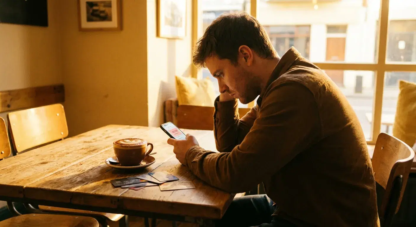 Joven frustrado en un café revisando sus gastos mensuales en el celular