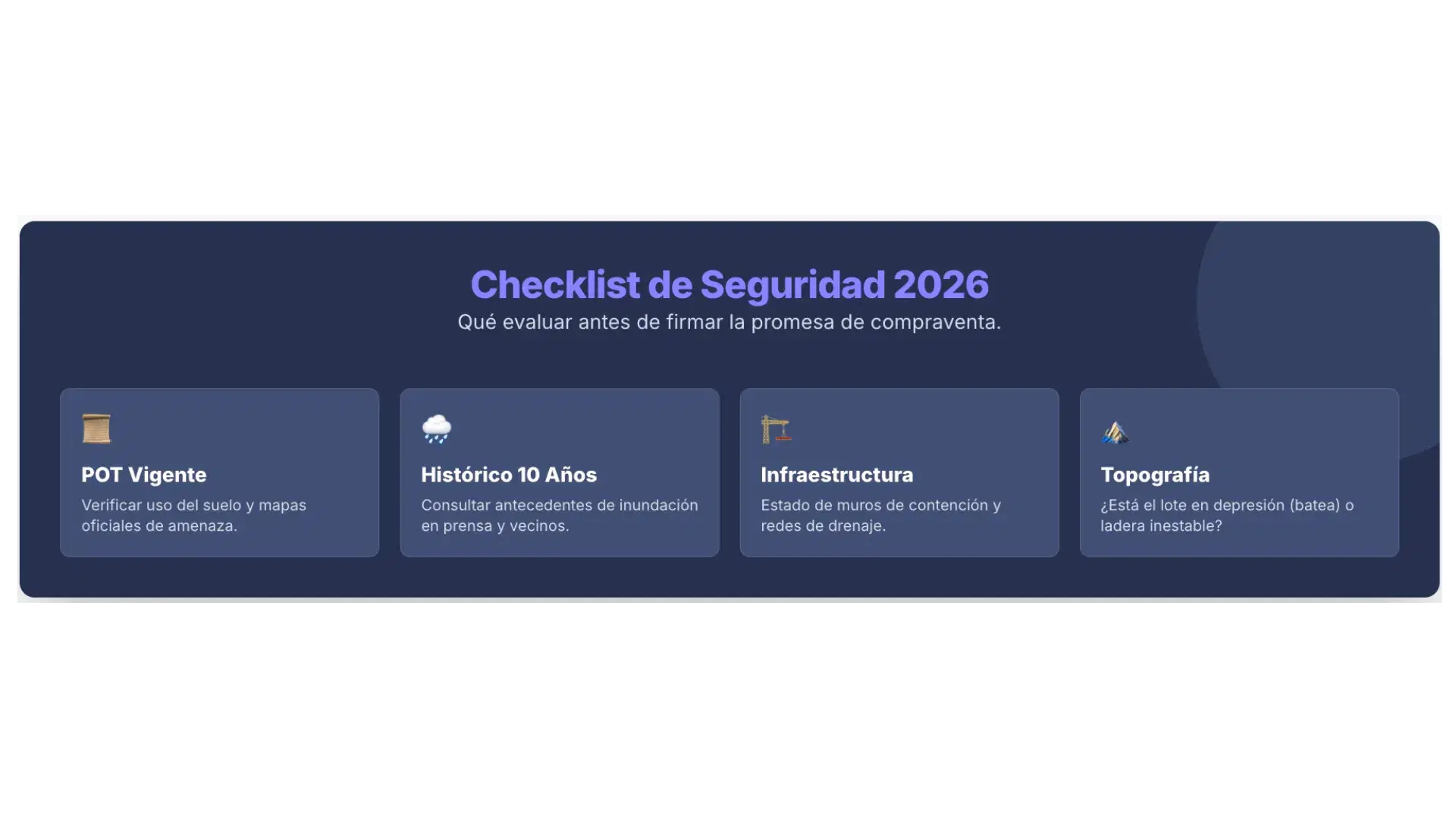 Checklist de Seguridad 2026 para inversión inmobiliaria: POT vigente, histórico de inundaciones, infraestructura y topografía del lote.