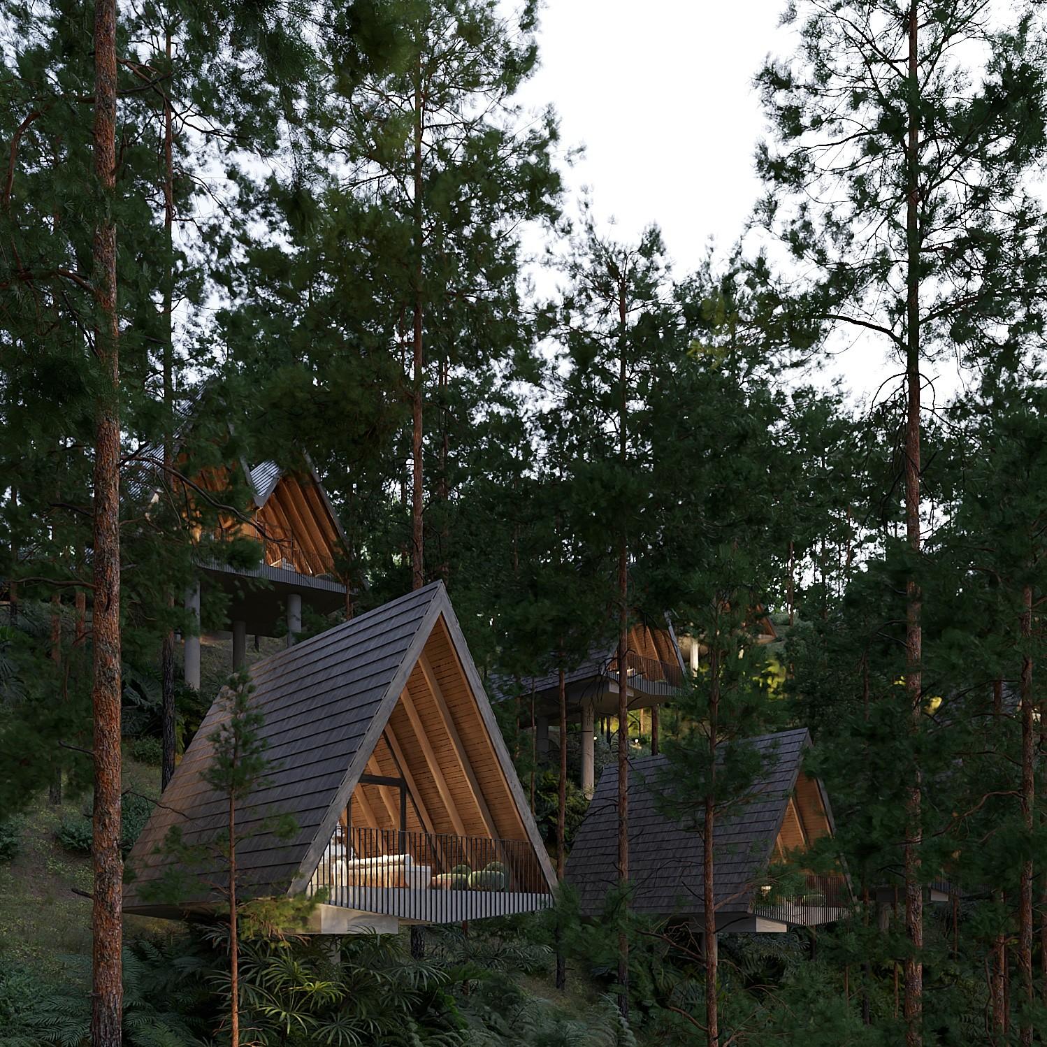 Render de cabaña Nido al atardecer