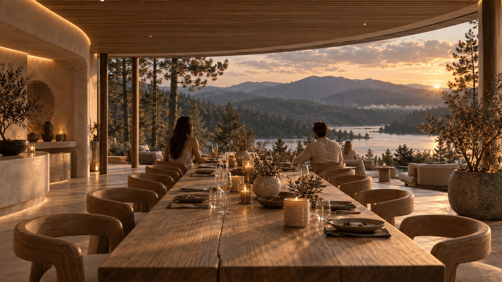 Render de Madriguera montada para un banquete, con vista al embalse